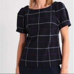 Banana Republic Emie Puff Short Sleeve Navy Blue Grid Small Blouse